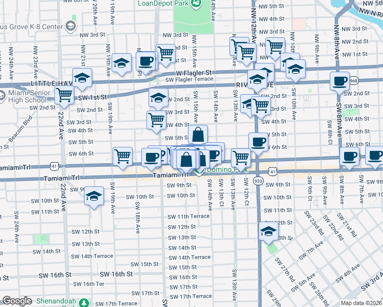 map of restaurants, bars, coffee shops, grocery stores, and more near 1521 Southwest 7th Street in Miami