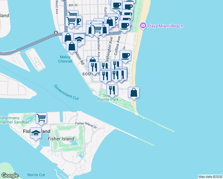 map of restaurants, bars, coffee shops, grocery stores, and more near 3 Washington Avenue in Miami Beach