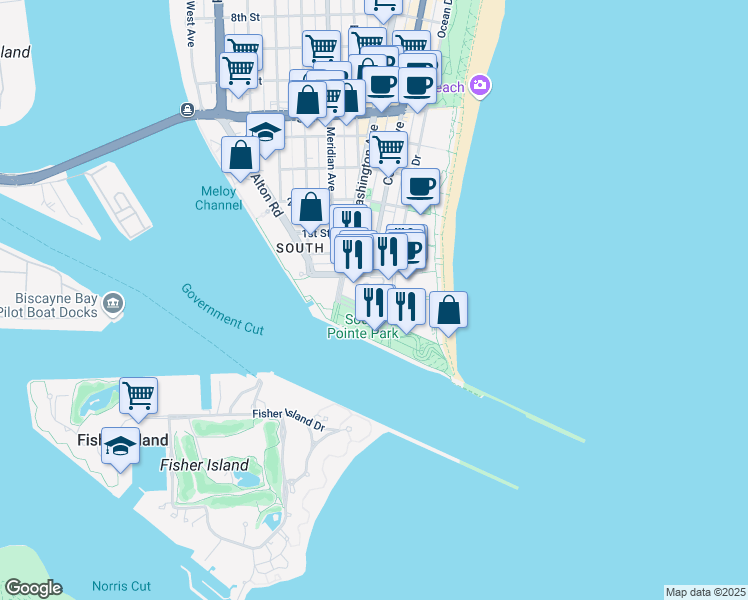 map of restaurants, bars, coffee shops, grocery stores, and more near 3 Washington Avenue in Miami Beach