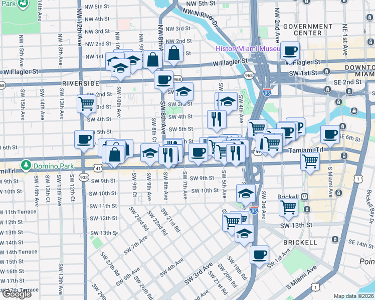 map of restaurants, bars, coffee shops, grocery stores, and more near 649 U.S. 41 in Miami