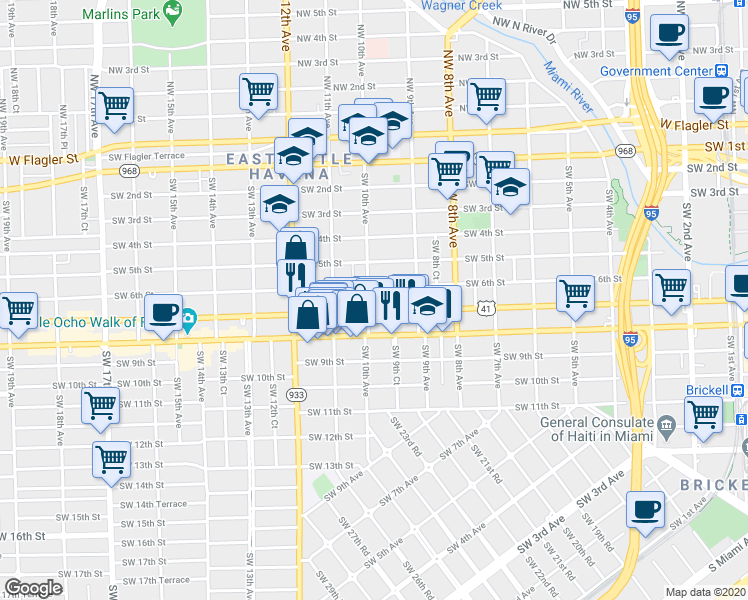 map of restaurants, bars, coffee shops, grocery stores, and more near 991 Southwest 7th Street in Miami