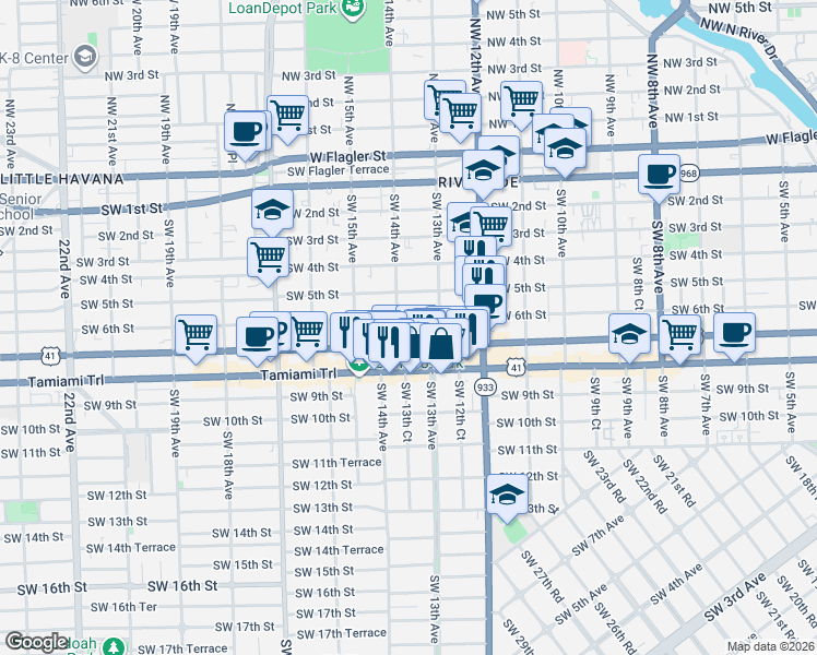 map of restaurants, bars, coffee shops, grocery stores, and more near 1341 Southwest 7th Street in Miami