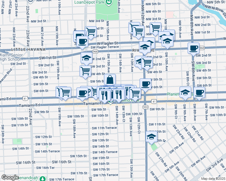 map of restaurants, bars, coffee shops, grocery stores, and more near 1437 Southwest 7th Street in Miami