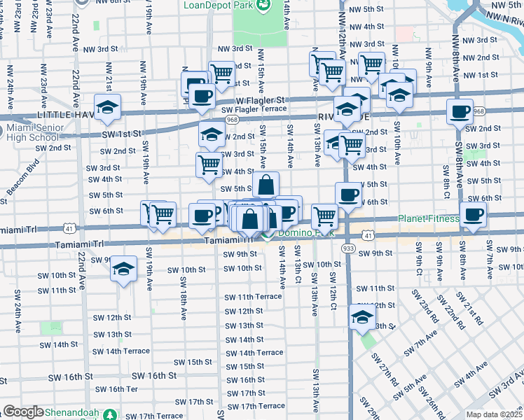 map of restaurants, bars, coffee shops, grocery stores, and more near 1521 Southwest 7th Street in Miami