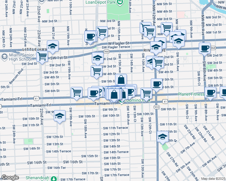 map of restaurants, bars, coffee shops, grocery stores, and more near 1521 Southwest 7th Street in Miami
