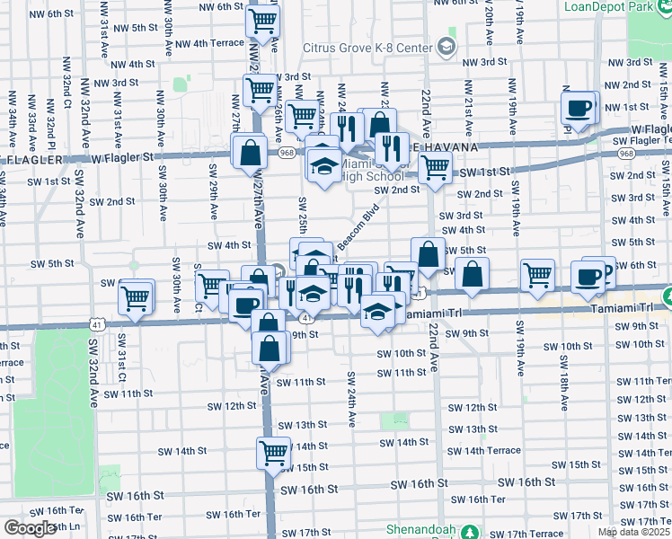 map of restaurants, bars, coffee shops, grocery stores, and more near 2400 Southwest 6th Street in Miami