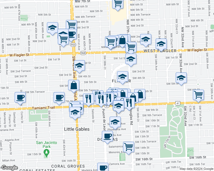 map of restaurants, bars, coffee shops, grocery stores, and more near 504 Boabadilla Street in Coral Gables