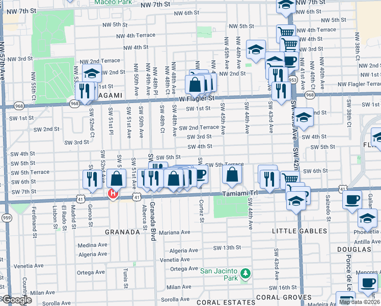 map of restaurants, bars, coffee shops, grocery stores, and more near 4740 Southwest 5th Street in Coral Gables