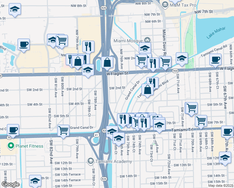 map of restaurants, bars, coffee shops, grocery stores, and more near 312 Southwest 76th Court in Miami