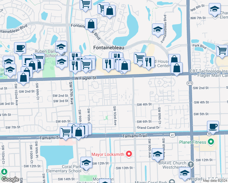 map of restaurants, bars, coffee shops, grocery stores, and more near 9310 West Flagler Street in Miami