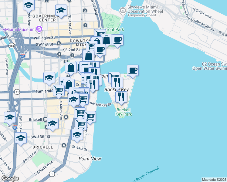 map of restaurants, bars, coffee shops, grocery stores, and more near 601 Brickell Key Drive in Miami
