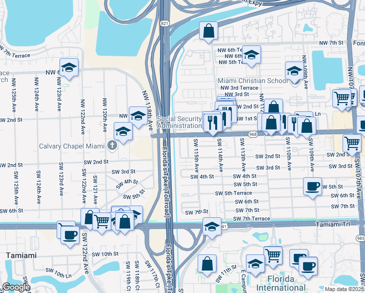 map of restaurants, bars, coffee shops, grocery stores, and more near 115 Southwest 116th Avenue in Miami