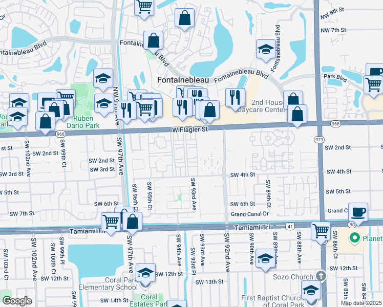 map of restaurants, bars, coffee shops, grocery stores, and more near 9310 West Flagler Street in Miami