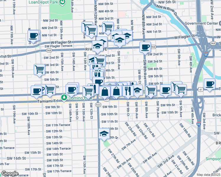map of restaurants, bars, coffee shops, grocery stores, and more near 1057 Southwest 7th Street in Miami
