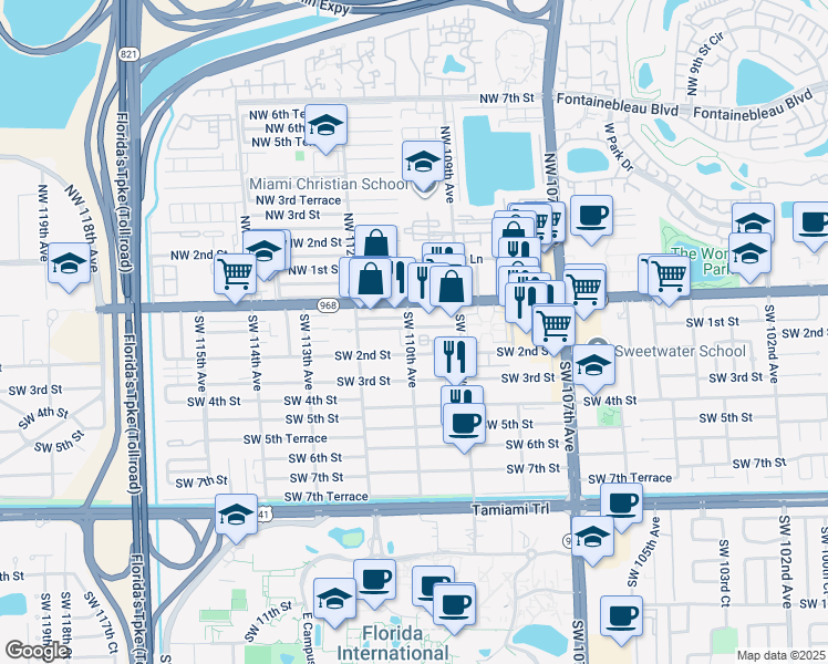 map of restaurants, bars, coffee shops, grocery stores, and more near 120 Southwest 109th Avenue in Miami