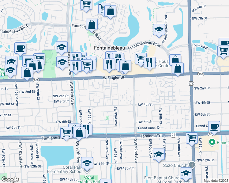 map of restaurants, bars, coffee shops, grocery stores, and more near 9310 West Flagler Street in Miami
