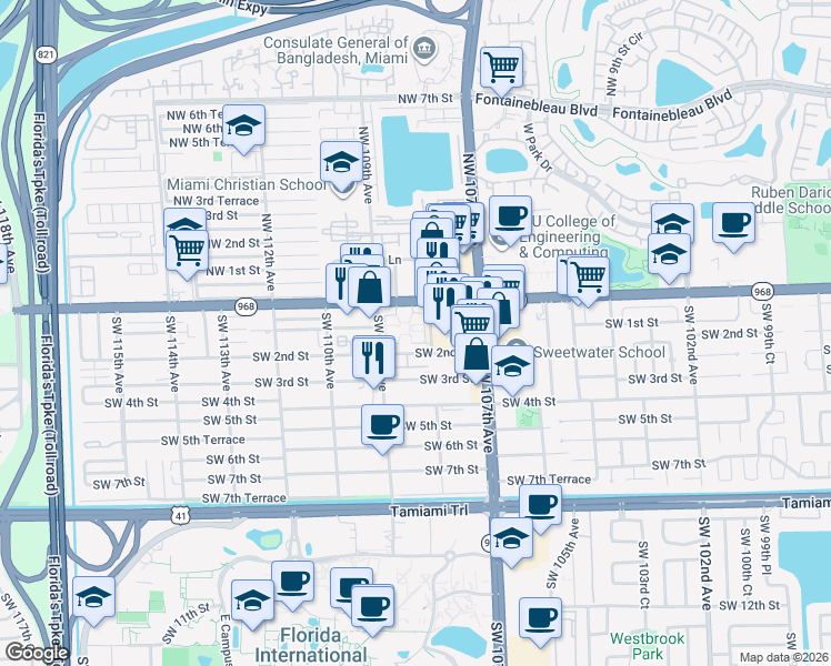 map of restaurants, bars, coffee shops, grocery stores, and more near 10851 Southwest 2nd Street in Miami