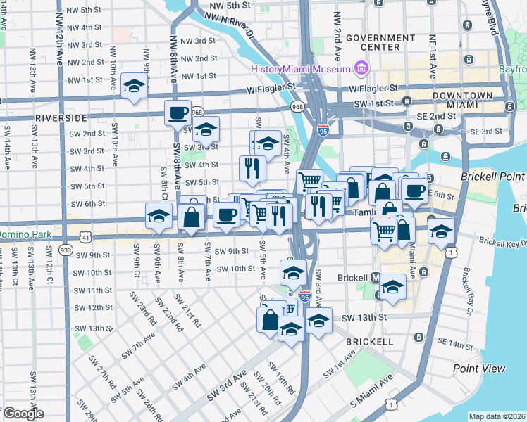 map of restaurants, bars, coffee shops, grocery stores, and more near 460 Southwest 7th Street in Miami