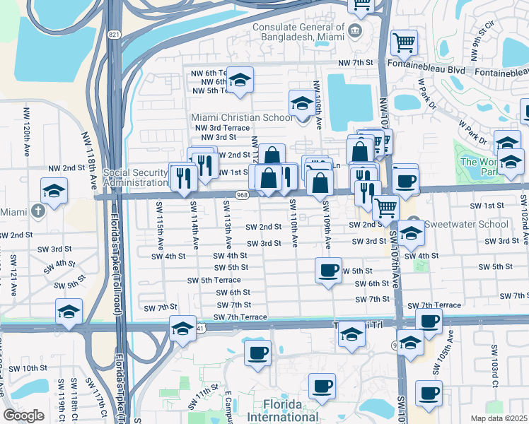 map of restaurants, bars, coffee shops, grocery stores, and more near 107 Southwest 112th Avenue in Miami