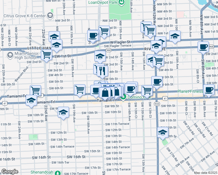 map of restaurants, bars, coffee shops, grocery stores, and more near 628 Southwest 16th Avenue in Miami