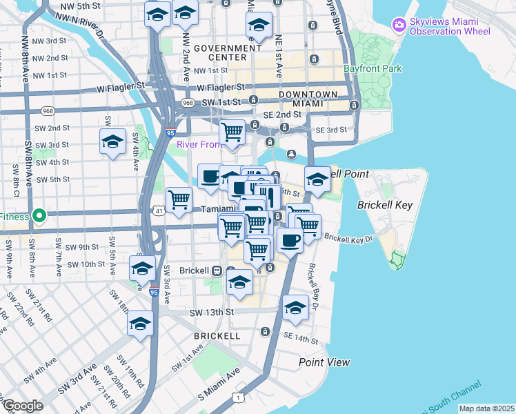 map of restaurants, bars, coffee shops, grocery stores, and more near 701 South Miami Avenue in Miami