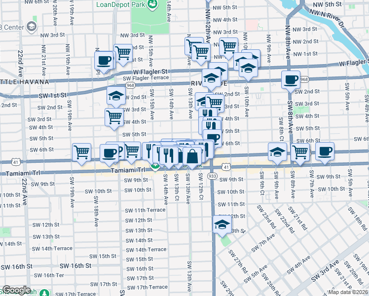 map of restaurants, bars, coffee shops, grocery stores, and more near 1341 Southwest 7th Street in Miami