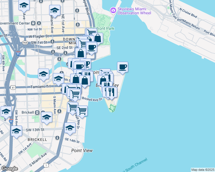 map of restaurants, bars, coffee shops, grocery stores, and more near Brickell Key Drive in Miami