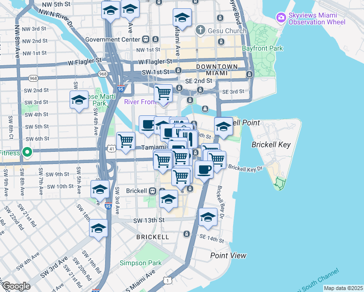 map of restaurants, bars, coffee shops, grocery stores, and more near 3 Southwest 8th Street in Miami