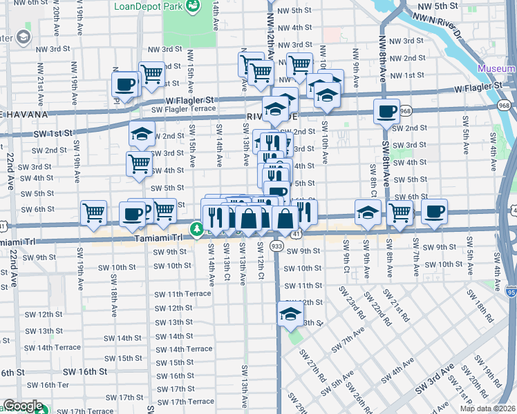 map of restaurants, bars, coffee shops, grocery stores, and more near 1251 Southwest 7th Street in Miami