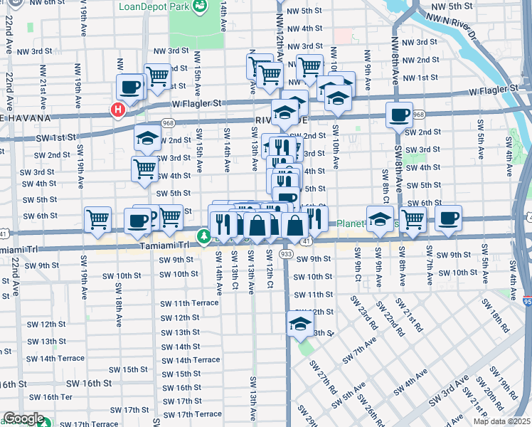 map of restaurants, bars, coffee shops, grocery stores, and more near 1251 Southwest 7th Street in Miami