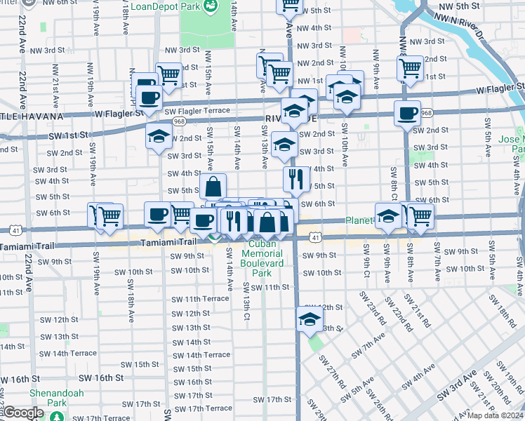 map of restaurants, bars, coffee shops, grocery stores, and more near 1341 Southwest 7th Street in Miami