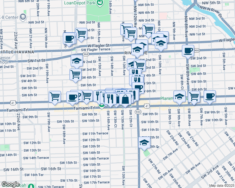 map of restaurants, bars, coffee shops, grocery stores, and more near 1341 Southwest 7th Street in Miami