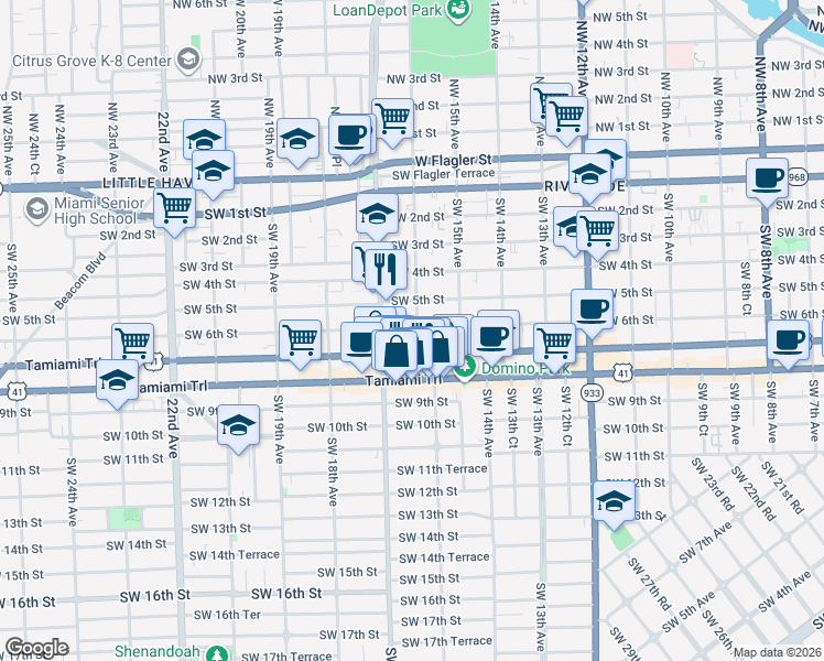 map of restaurants, bars, coffee shops, grocery stores, and more near 628 Southwest 16th Avenue in Miami