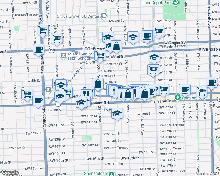 map of restaurants, bars, coffee shops, grocery stores, and more near 611 Southwest 21st Avenue in Miami