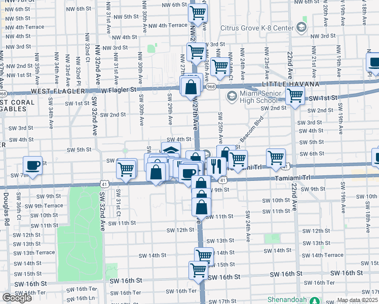 map of restaurants, bars, coffee shops, grocery stores, and more near 2725 Southwest 6th Street in Miami