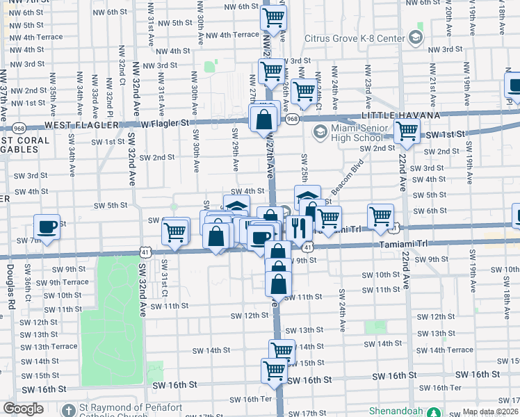 map of restaurants, bars, coffee shops, grocery stores, and more near 2725 Southwest 6th Street in Miami