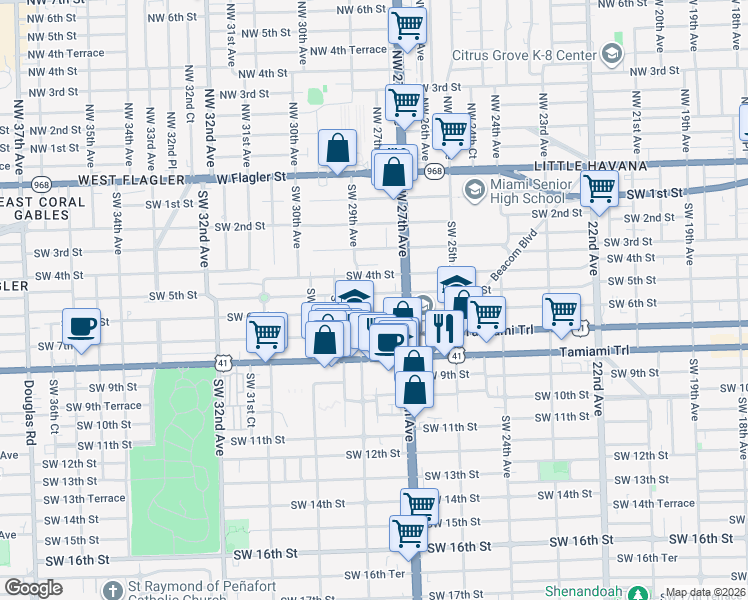 map of restaurants, bars, coffee shops, grocery stores, and more near 590 Southwest 29th Avenue in Miami