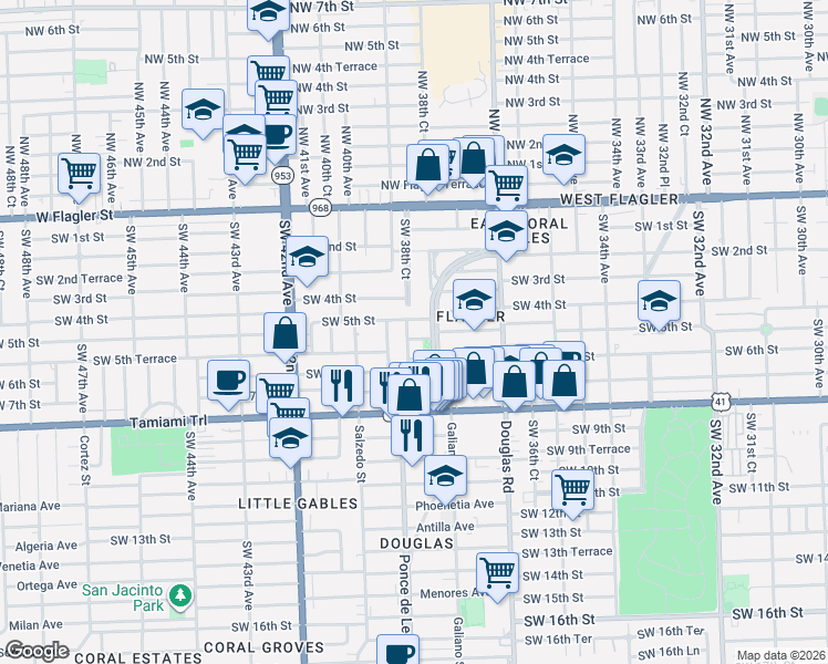map of restaurants, bars, coffee shops, grocery stores, and more near 504 Boabadilla Street in Coral Gables