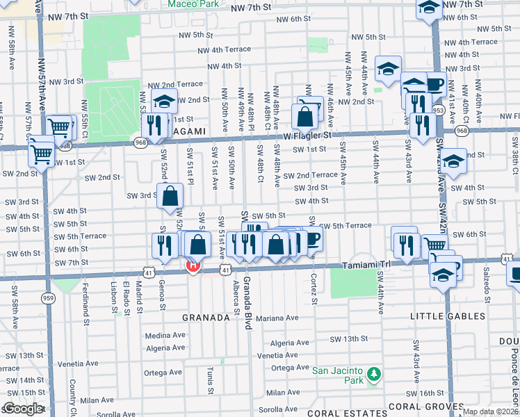 map of restaurants, bars, coffee shops, grocery stores, and more near 4891 Southwest 5th Street in Coral Gables