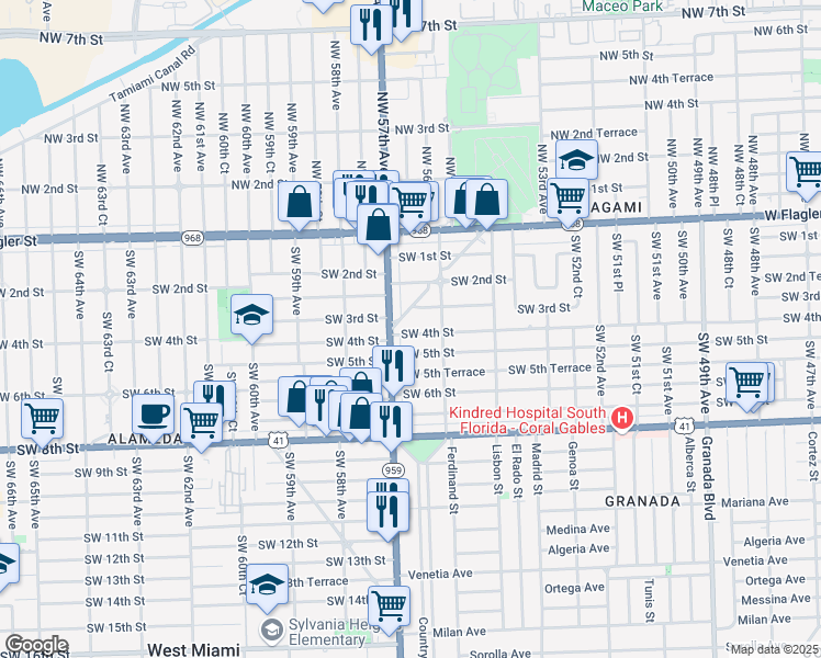 map of restaurants, bars, coffee shops, grocery stores, and more near 5690 Southwest 4th Street in Coral Gables