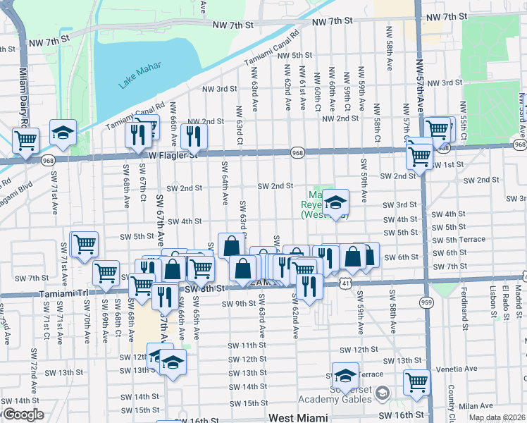 map of restaurants, bars, coffee shops, grocery stores, and more near 345 Southwest 63rd Avenue in Miami