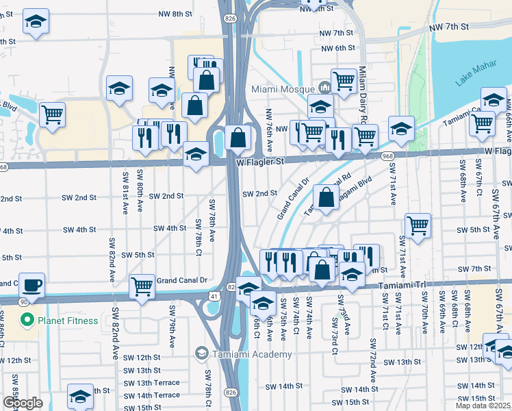 map of restaurants, bars, coffee shops, grocery stores, and more near 312 Southwest 76th Court in Miami