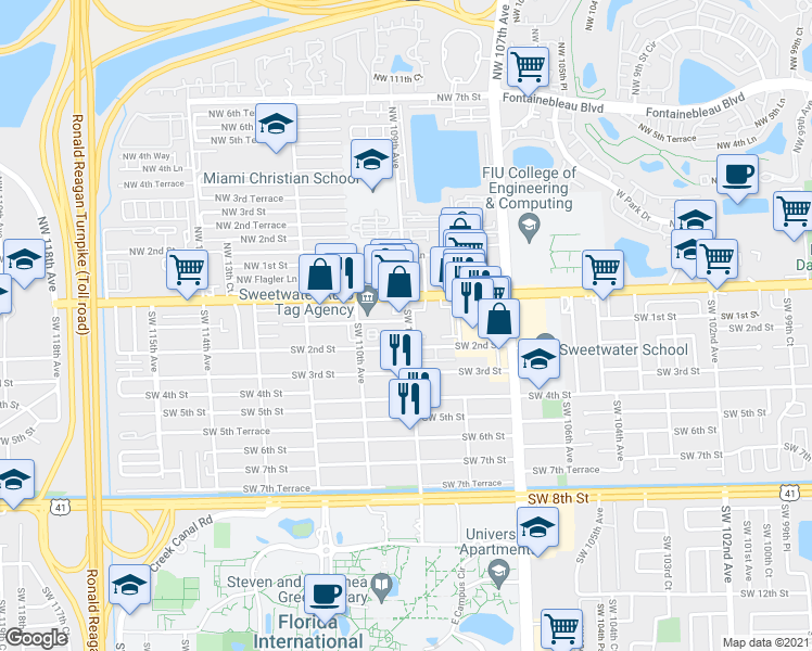 map of restaurants, bars, coffee shops, grocery stores, and more near 144 Southwest 109th Avenue in Miami