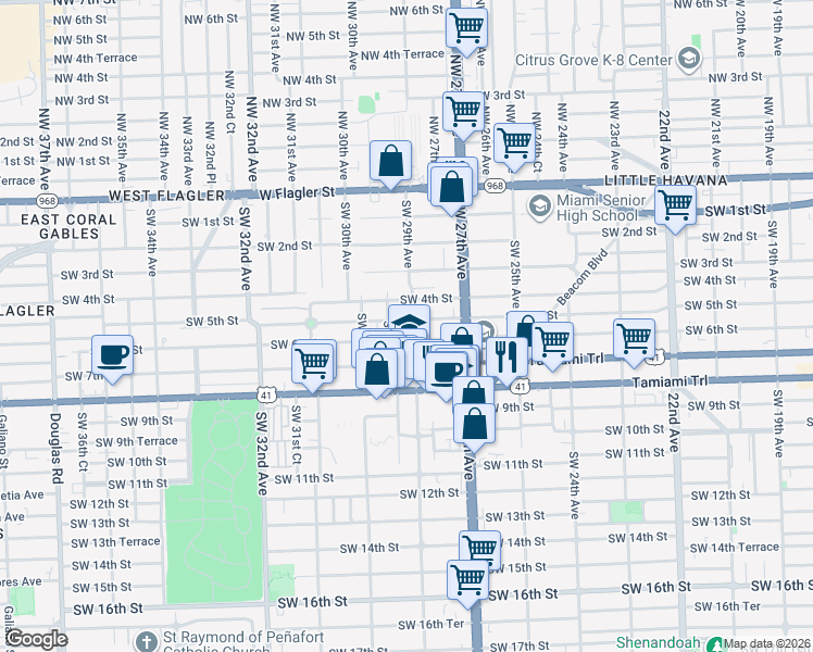 map of restaurants, bars, coffee shops, grocery stores, and more near 590 Southwest 29th Avenue in Miami