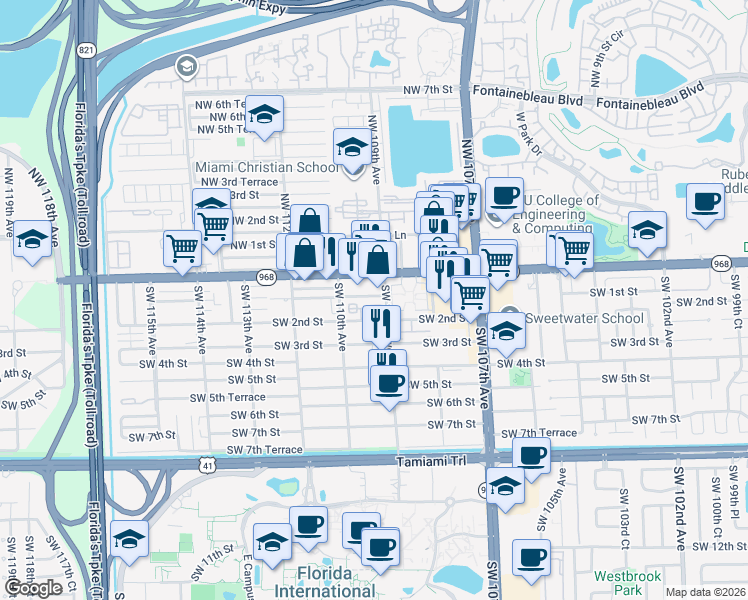 map of restaurants, bars, coffee shops, grocery stores, and more near 144 Southwest 109th Avenue in Miami