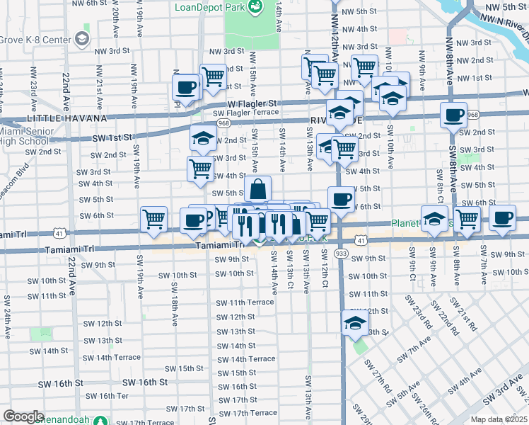 map of restaurants, bars, coffee shops, grocery stores, and more near 1437 Southwest 7th Street in Miami