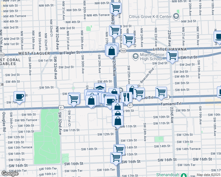 map of restaurants, bars, coffee shops, grocery stores, and more near 2725 Southwest 6th Street in Miami
