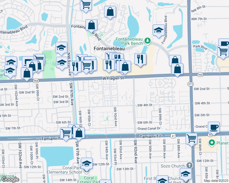 map of restaurants, bars, coffee shops, grocery stores, and more near 9310 West Flagler Street in Miami