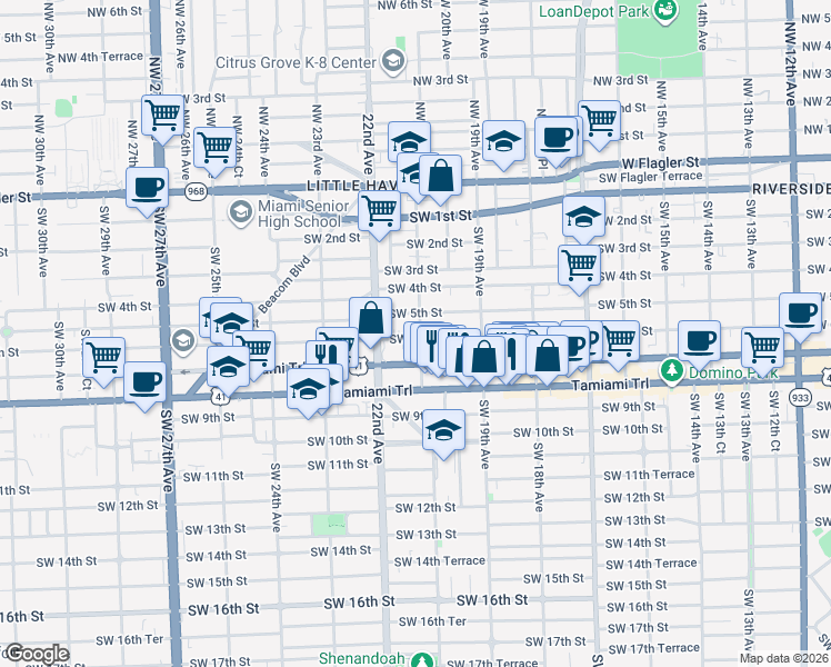 map of restaurants, bars, coffee shops, grocery stores, and more near 611 Southwest 21st Avenue in Miami