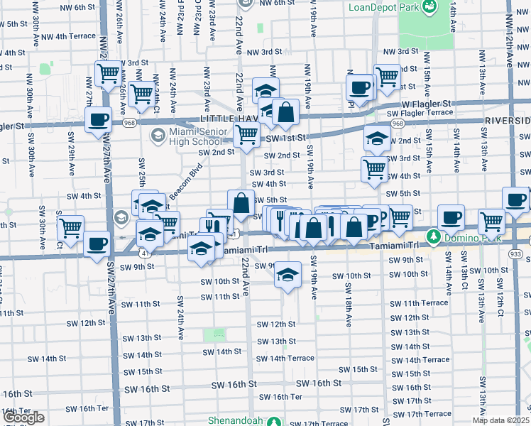 map of restaurants, bars, coffee shops, grocery stores, and more near 611 Southwest 21st Avenue in Miami